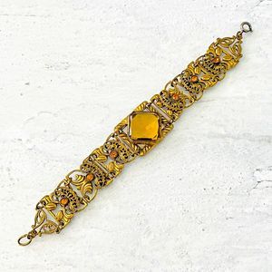 Vintage Czech Filigree Link Bracelet Single Large Faceted Amber Glass Stone  7"